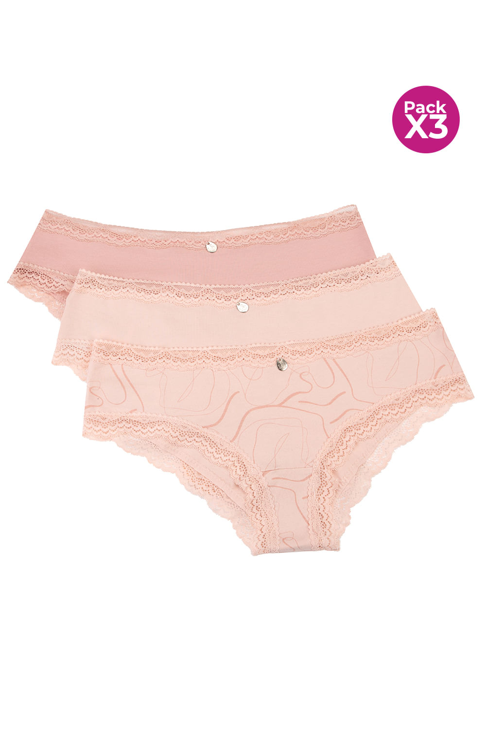 PAQUETE X3 PANTY TIPO HIPSTER CON ENCAJE EN ALGODÓN