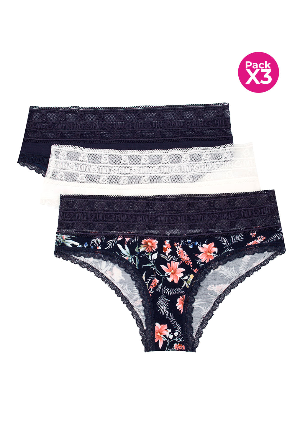 PAQUETE X3 HÍPSTER EN ALGODÓN Y CINTURA DE ENCAJE