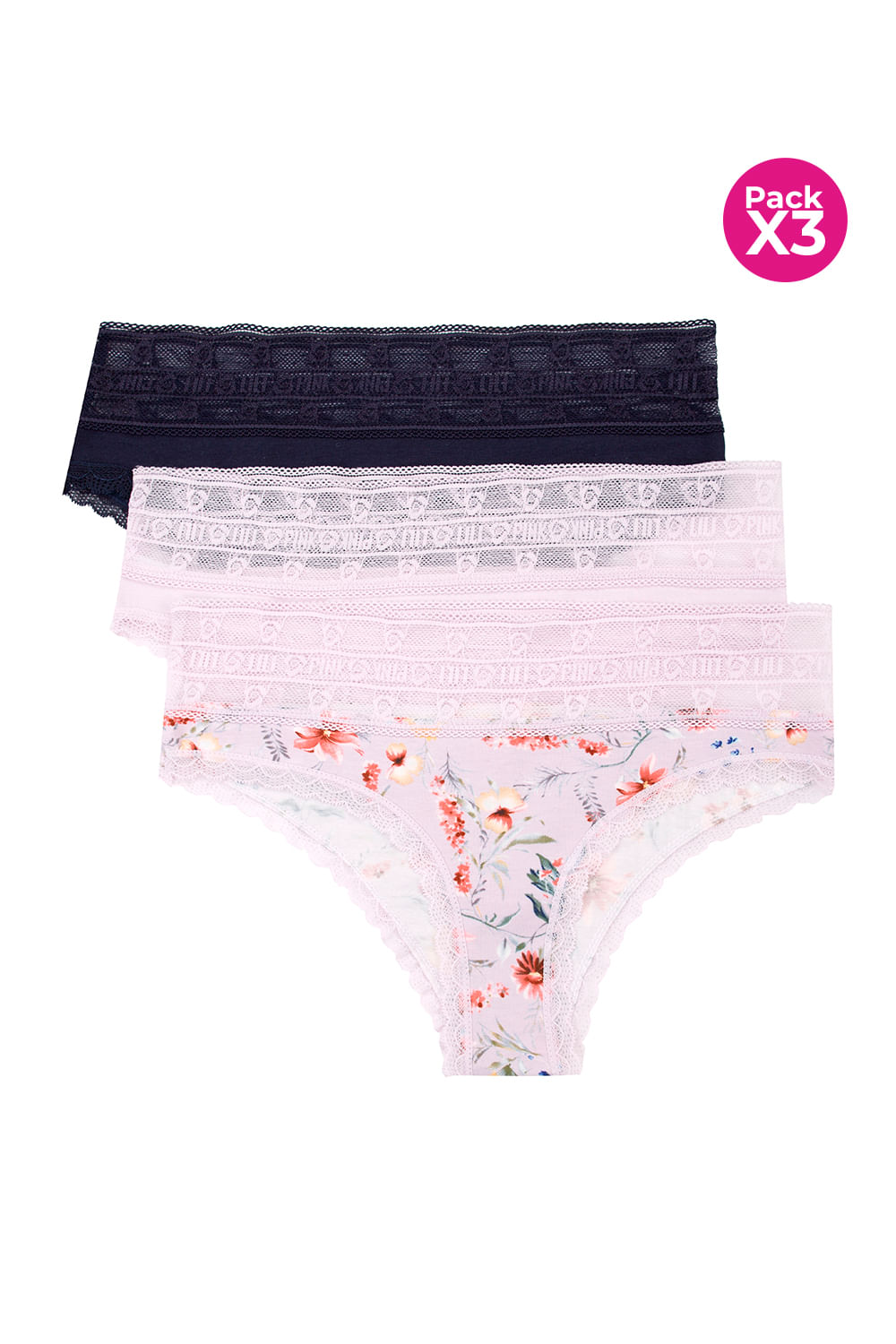 PAQUETE X3 HÍPSTER EN ALGODÓN Y CINTURA DE ENCAJE