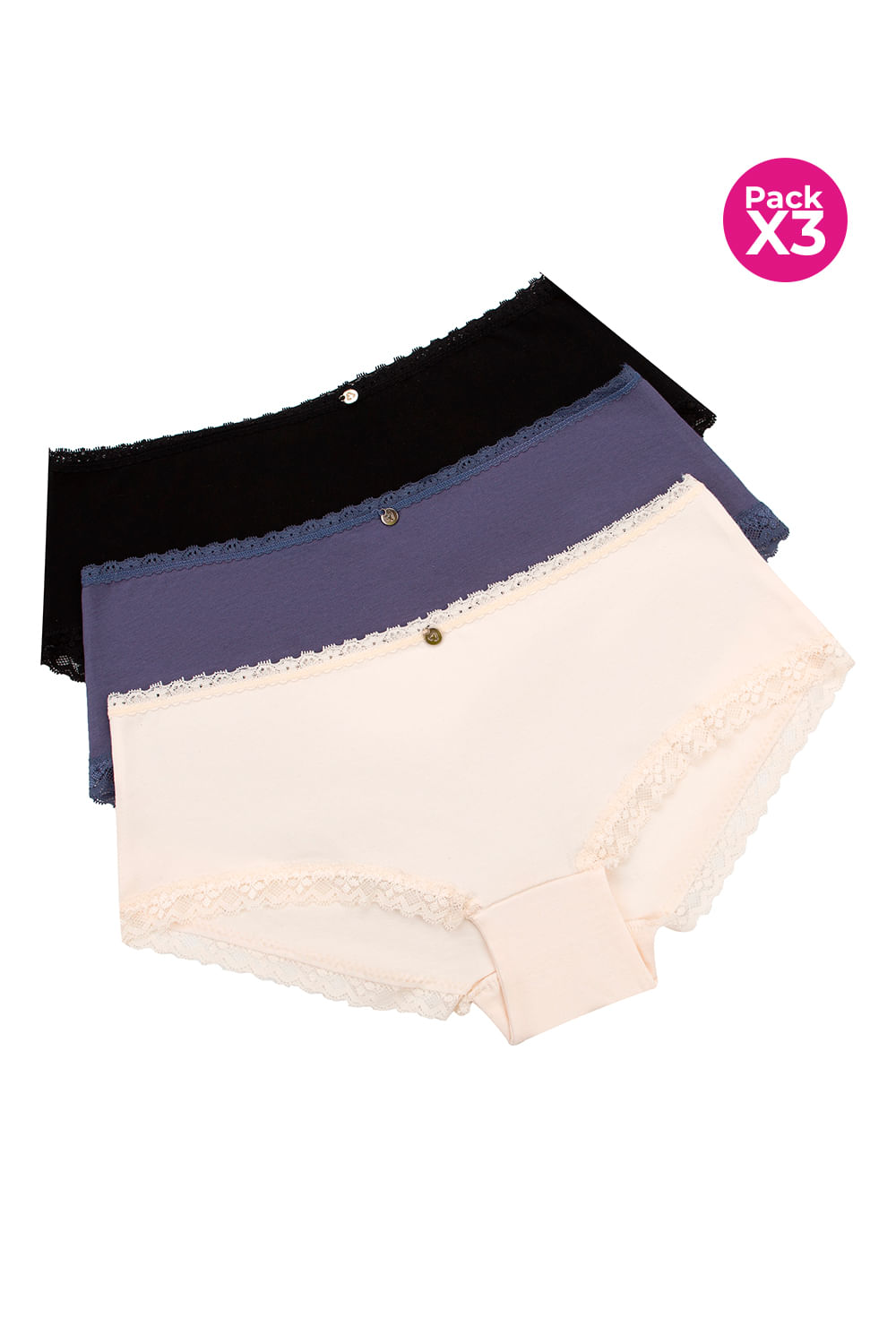 PAQUETE X3 HÍPSTER TALLE ALTO EN ALGODÓN Y ENCAJE