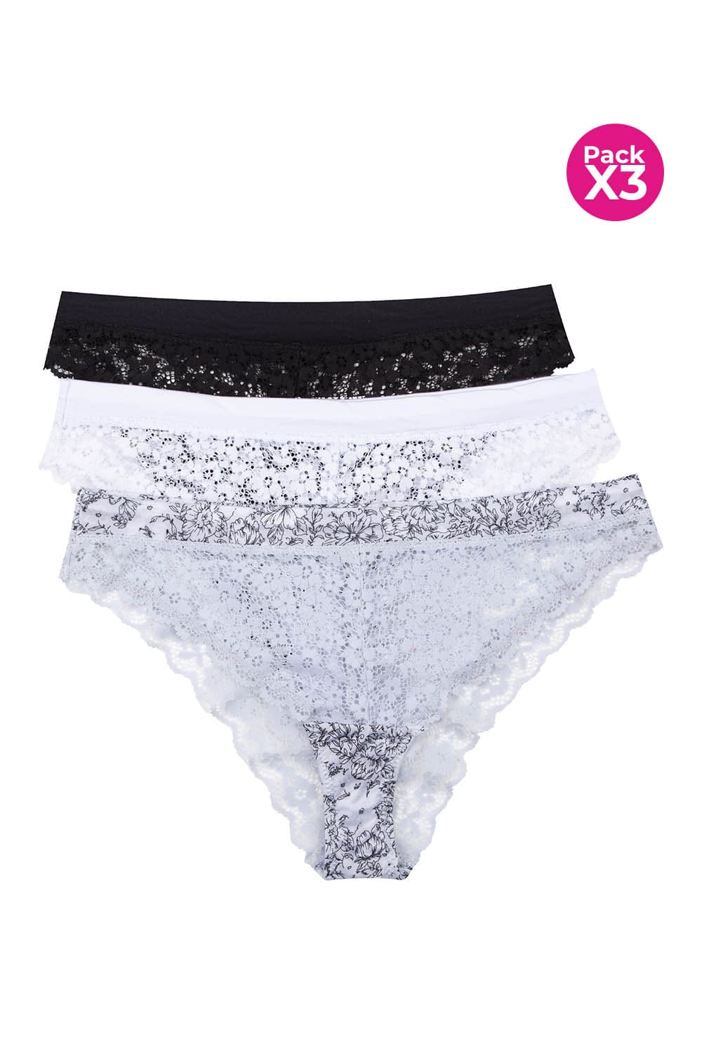 Panty tipo hipster en encaje paquete x3