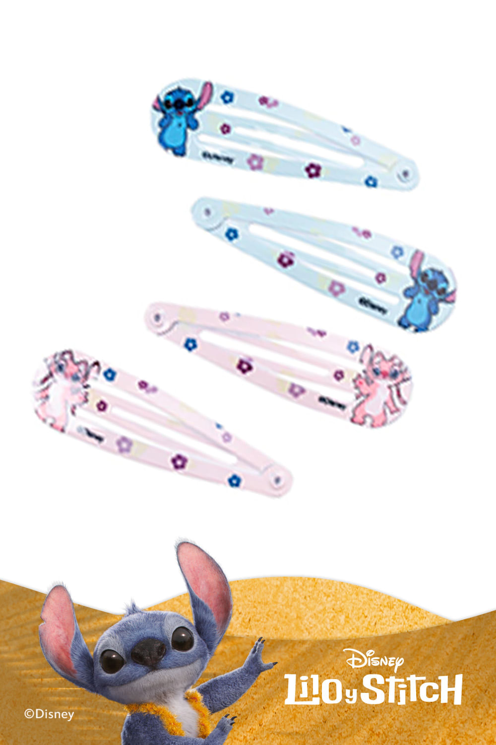 Set de hebillas x2 unidades de stitch con diseño de flores