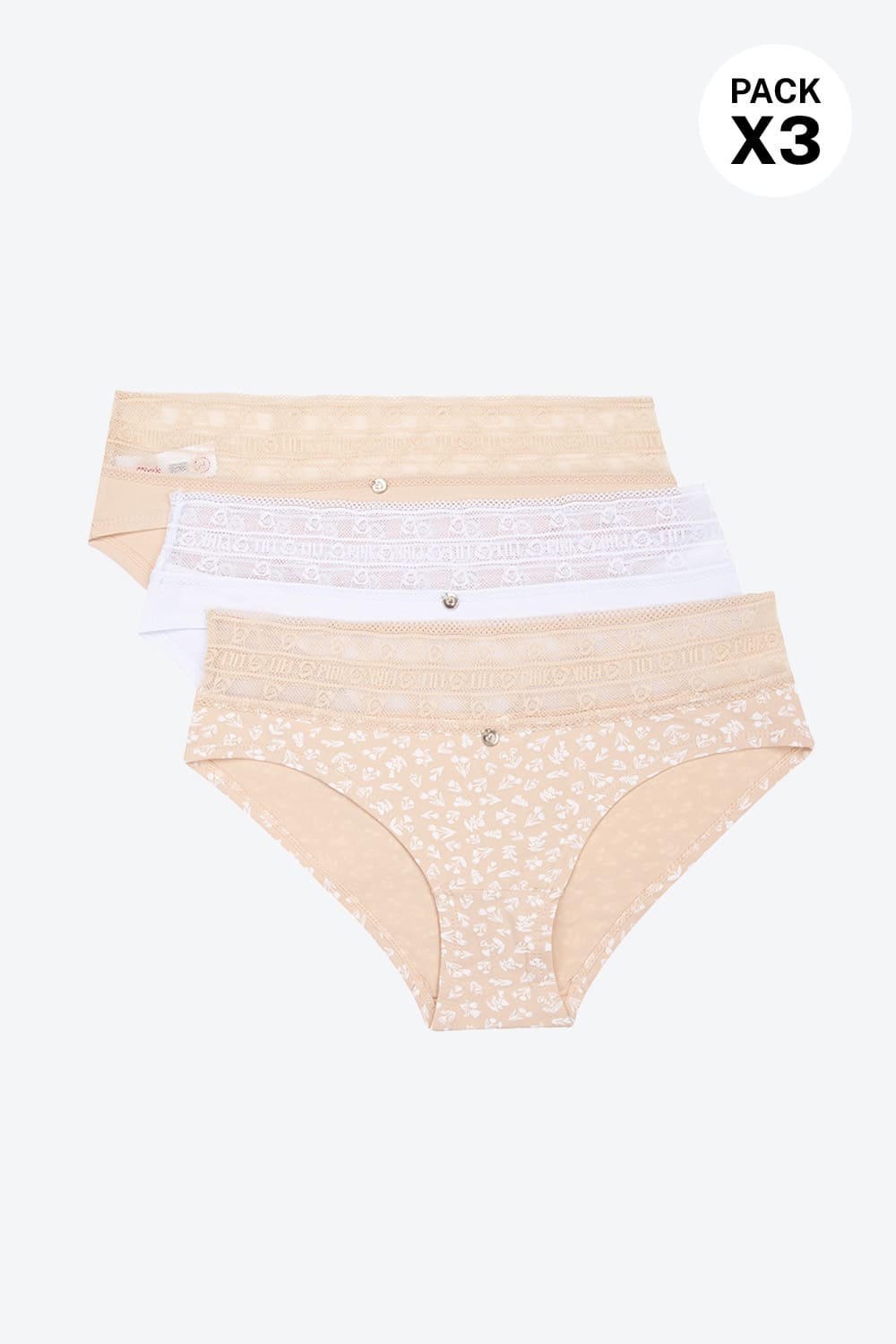 Hípster paquete x3 en algodón y detalle con encaje