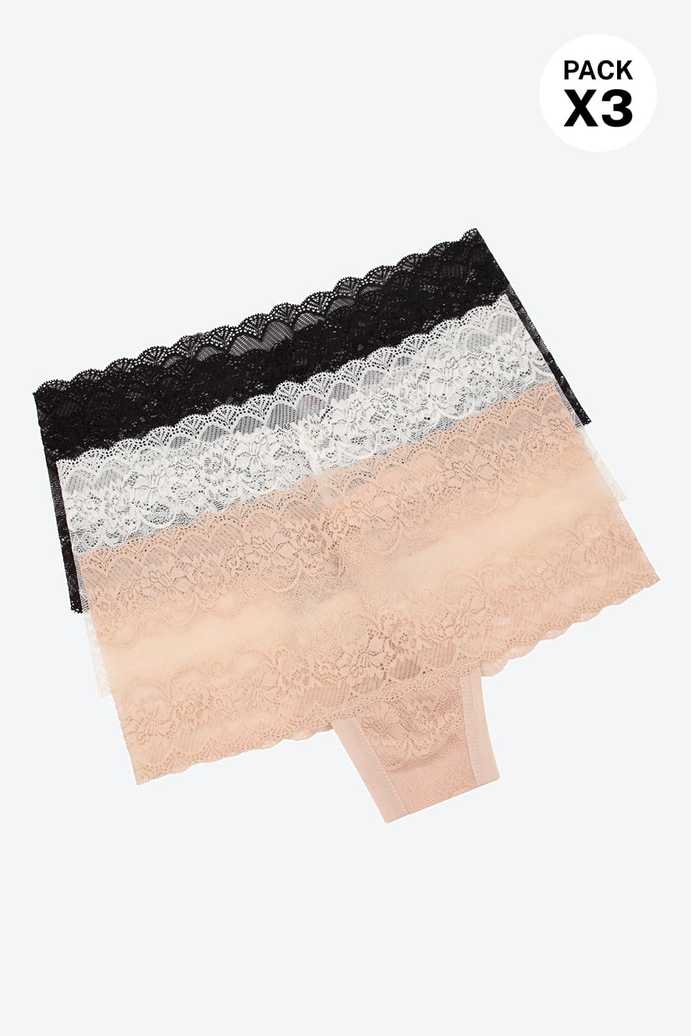 Panty brasilera en encaje con cobertura leve paquete x3