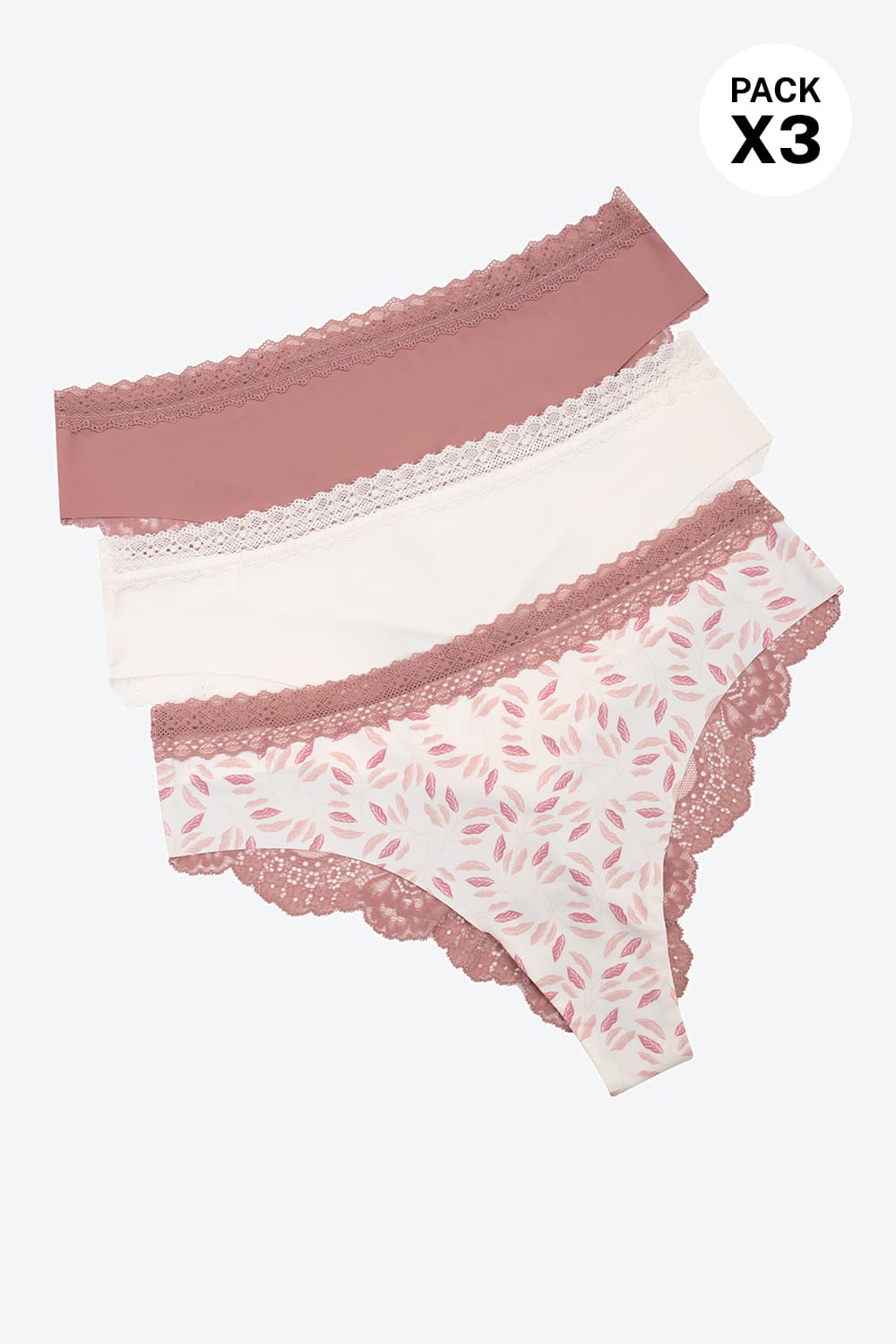 Brasilera en microfibra corte láser y encaje paquete x3