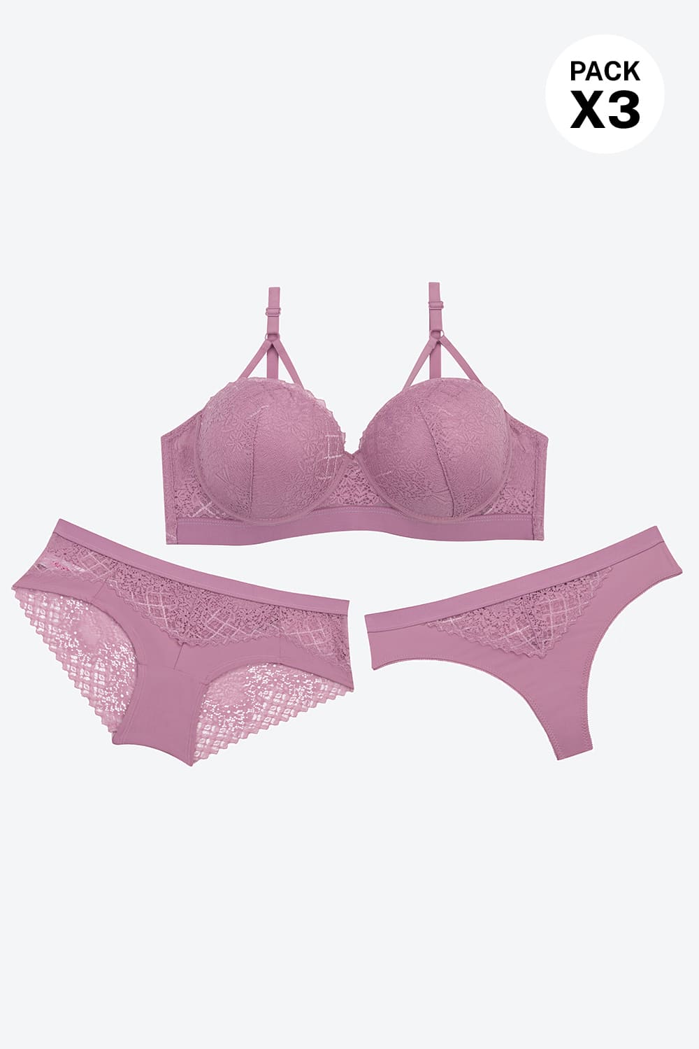 Conjunto de 3 unidades en microfibra con encaje