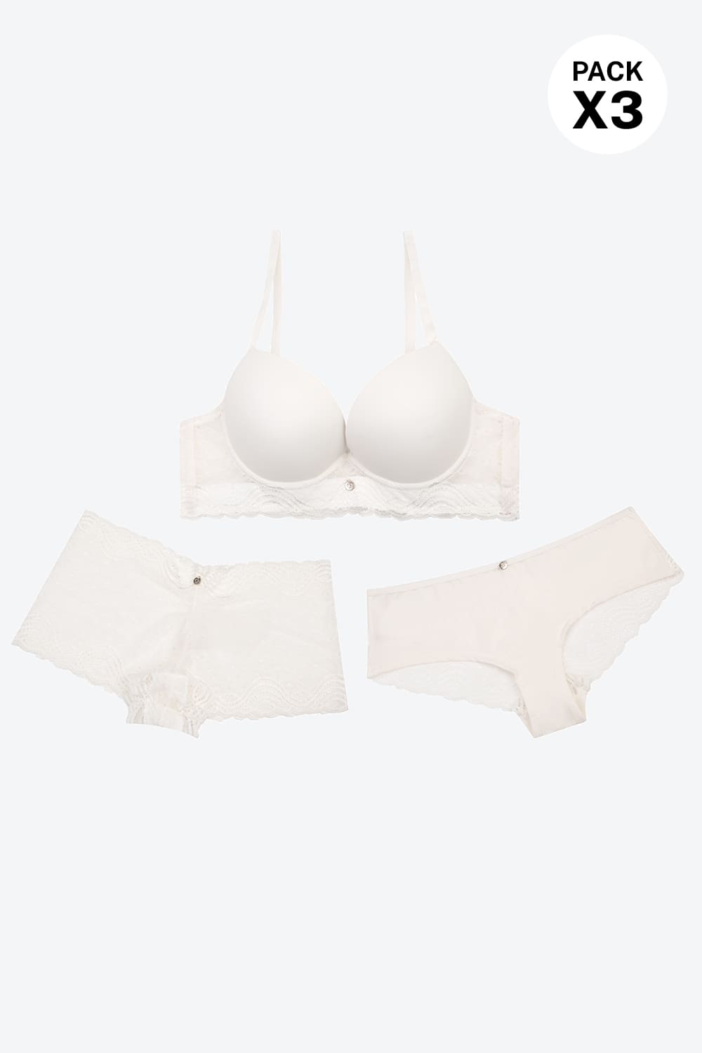 Conjunto brasier y dos panties en microfibra con encaje