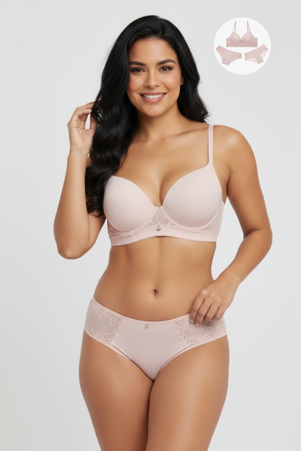 Conjunto de tres piezas en microfibra y encaje